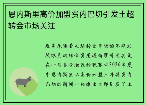恩内斯里高价加盟费内巴切引发土超转会市场关注 恩内斯里高价加盟费内巴切引发土超转会市场关注